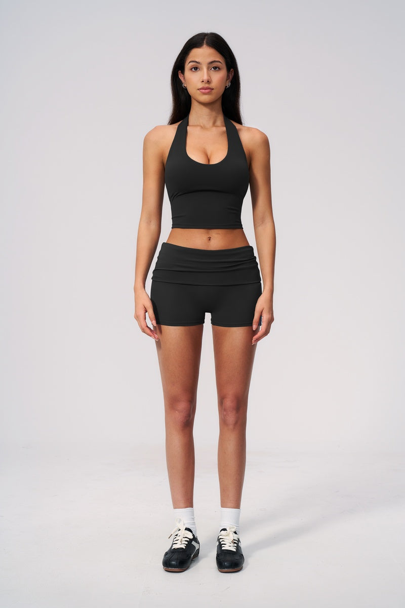 Women Sportswear Halterneck Ruch Shorts Set